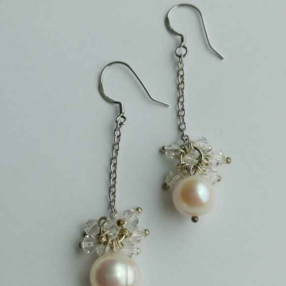 Sterling silver crystal dangle drop earrings white freshwater pearl 🆕 - Picture 2 of 6